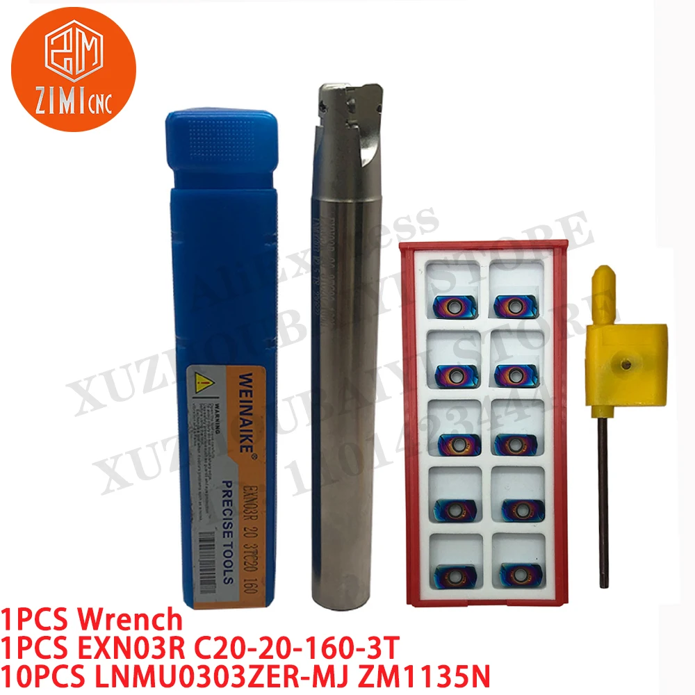 1 قطعة EXN03R C20-20-160-3T قطع نهاية مطحنة شانك + 10 قطعة LNMU0303ZER-MJ ZM1135N مؤشر إدراج الطحن مخرطة معدنية CNC أداة قطع
