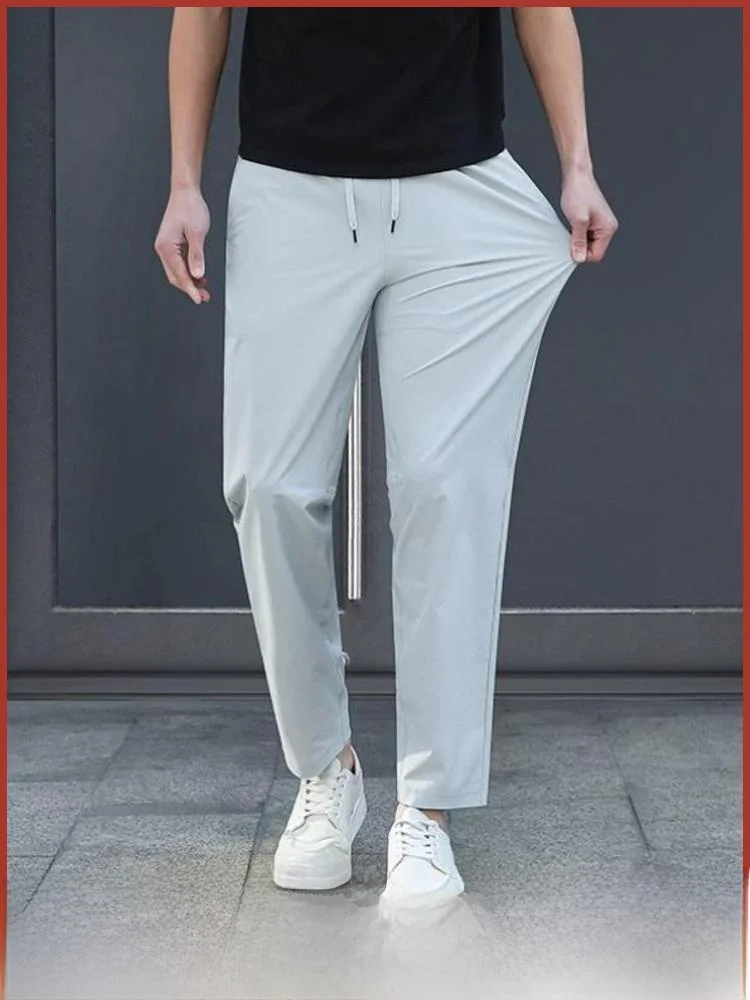 

Cool Breathable Men's Dstring Elastic Waist Pure Color Straight Leg Casual Pants Four Way Stretch Daily Wear Spring Season