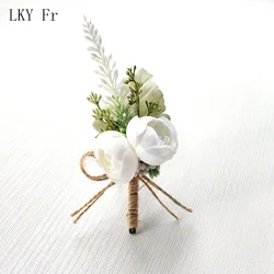 LKY Fr White Roses Boutonniere Corsage Wedding Accessories Artificial Flowers Bridesmaid Groom Buttonhole Lapel Pins Suit Brooch