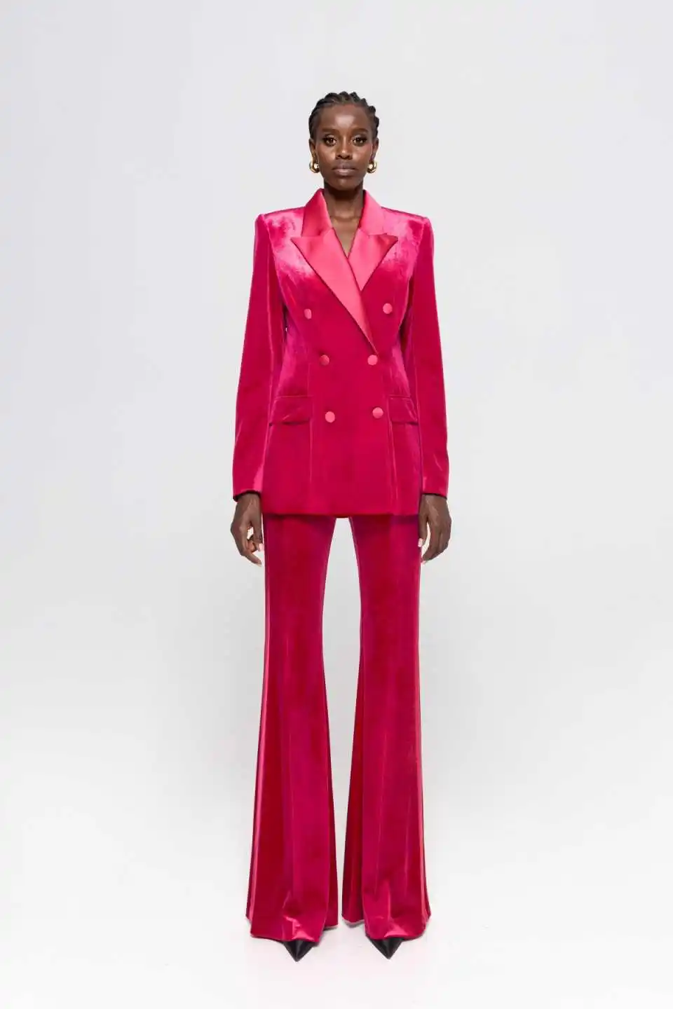 Gorgeous Velvet Suit Set Satin Notched Lapel Fitted Blazer Flared Trousers For Upscale Professional Social Occasion Customized