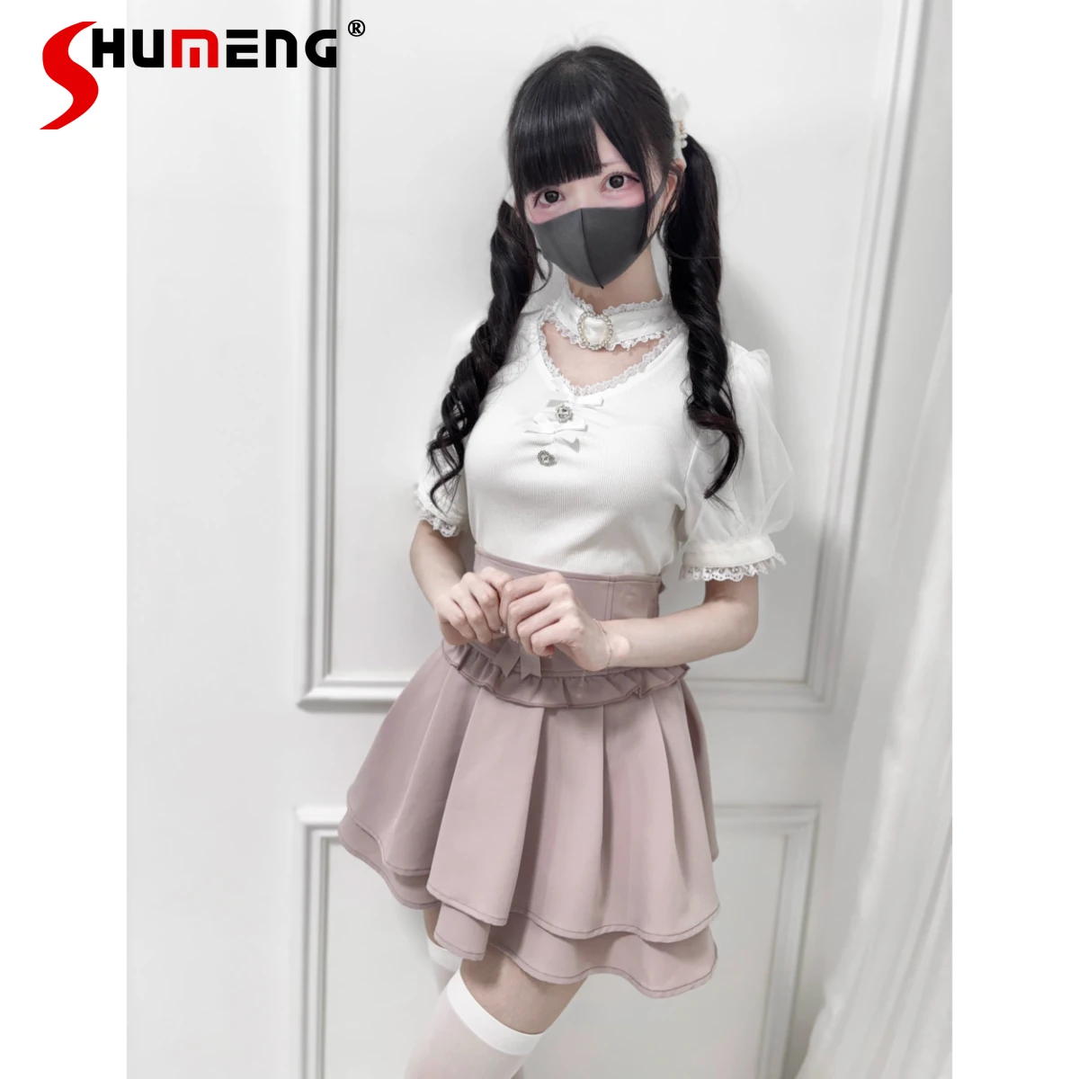 

Japanese Mine Style Mass-Produced Rhinestone Heart Choker V-Neck Short Sleeve Knitted Slim Sweet Versatile T-Shirts Tops Women
