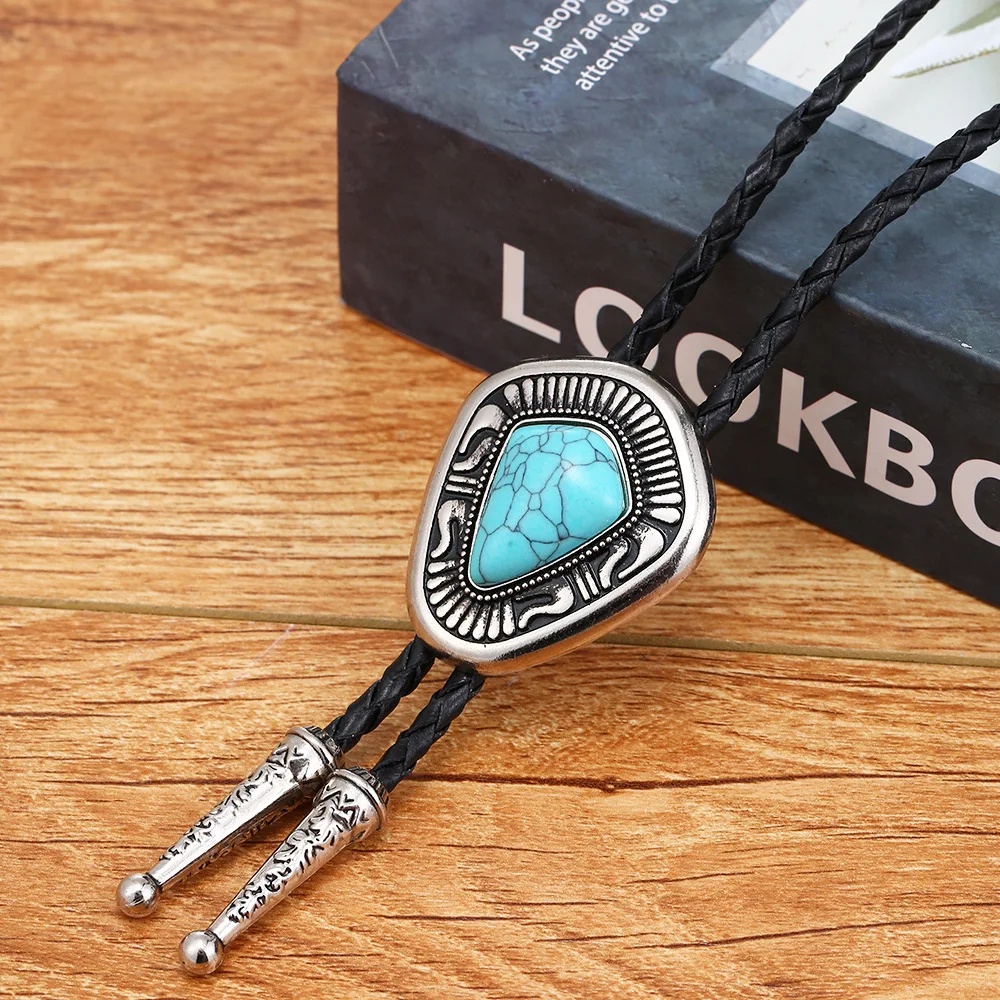 Celtic pattern turquoise agate bolo tie American Western denim bolo tie metal collar