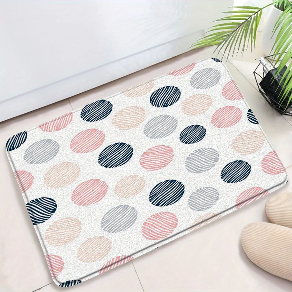 Pastel striped polka dot pattern floor mat, polyester fabric, machine washable, suitable for bedroom and living room decoration.