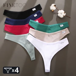 FINETOO 4Pcs Cotton Striped Solid Underwear for Women Sexy V Waist G-string Panties Ladies Comfortable Soft T-back Bikini M-XL