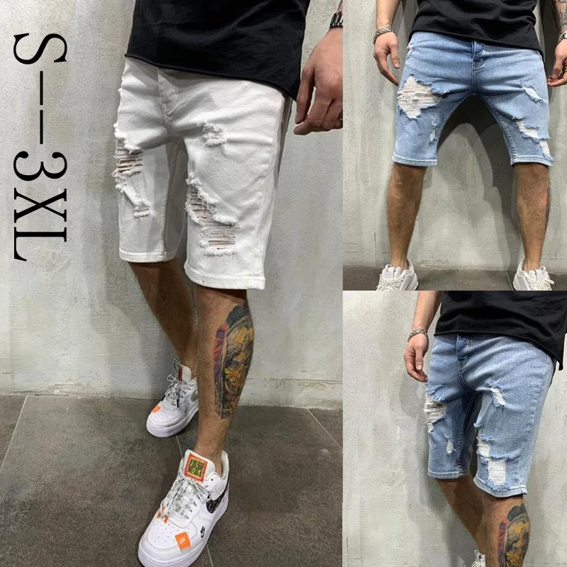 

Summer Fashion Men's Fifth Pants Tattered Ripped Shorts Loose Straight Casual Blue Denim Pants Streetwear Men Boyfriend Jeans