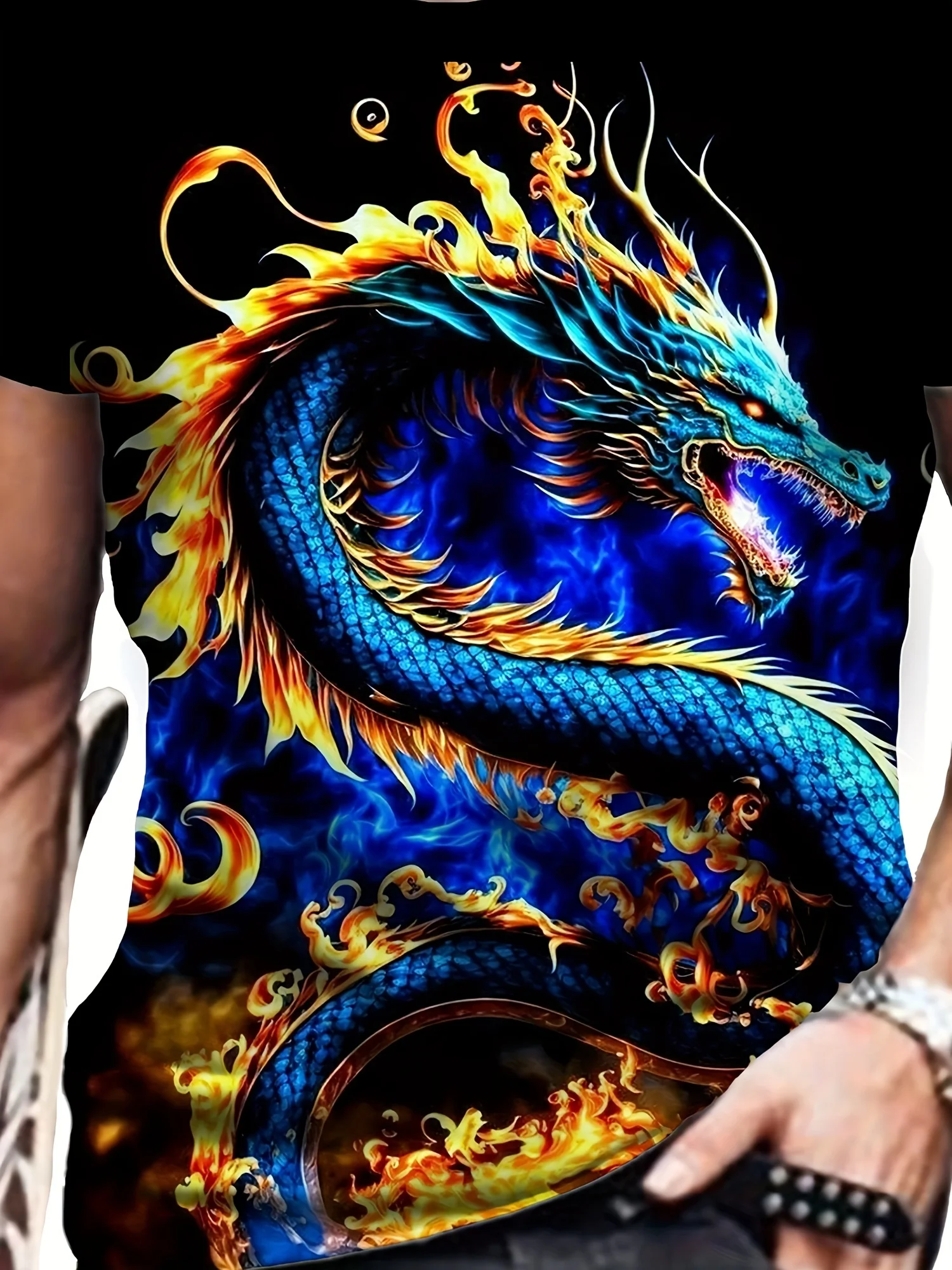 Camiseta masculina com estampa de dragão 3D vibrante – poliéster, camiseta casual e esportiva com gola redonda, lavável à máquina, ideal para festas