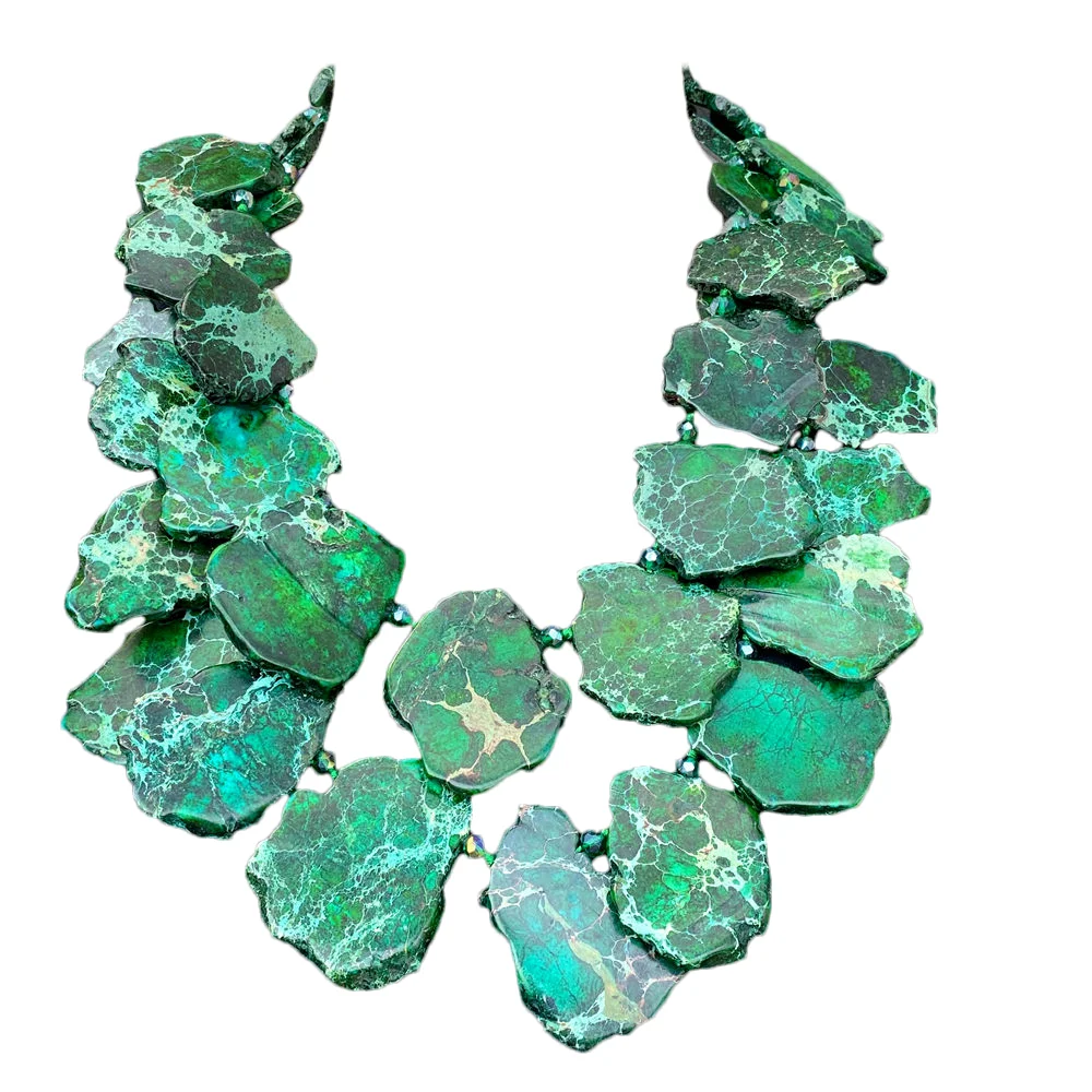 yygem 16x24mm-40x48mm  2 strands Green Sea Sediment Jasper Statement Necklace Handmade Necklaces For Party