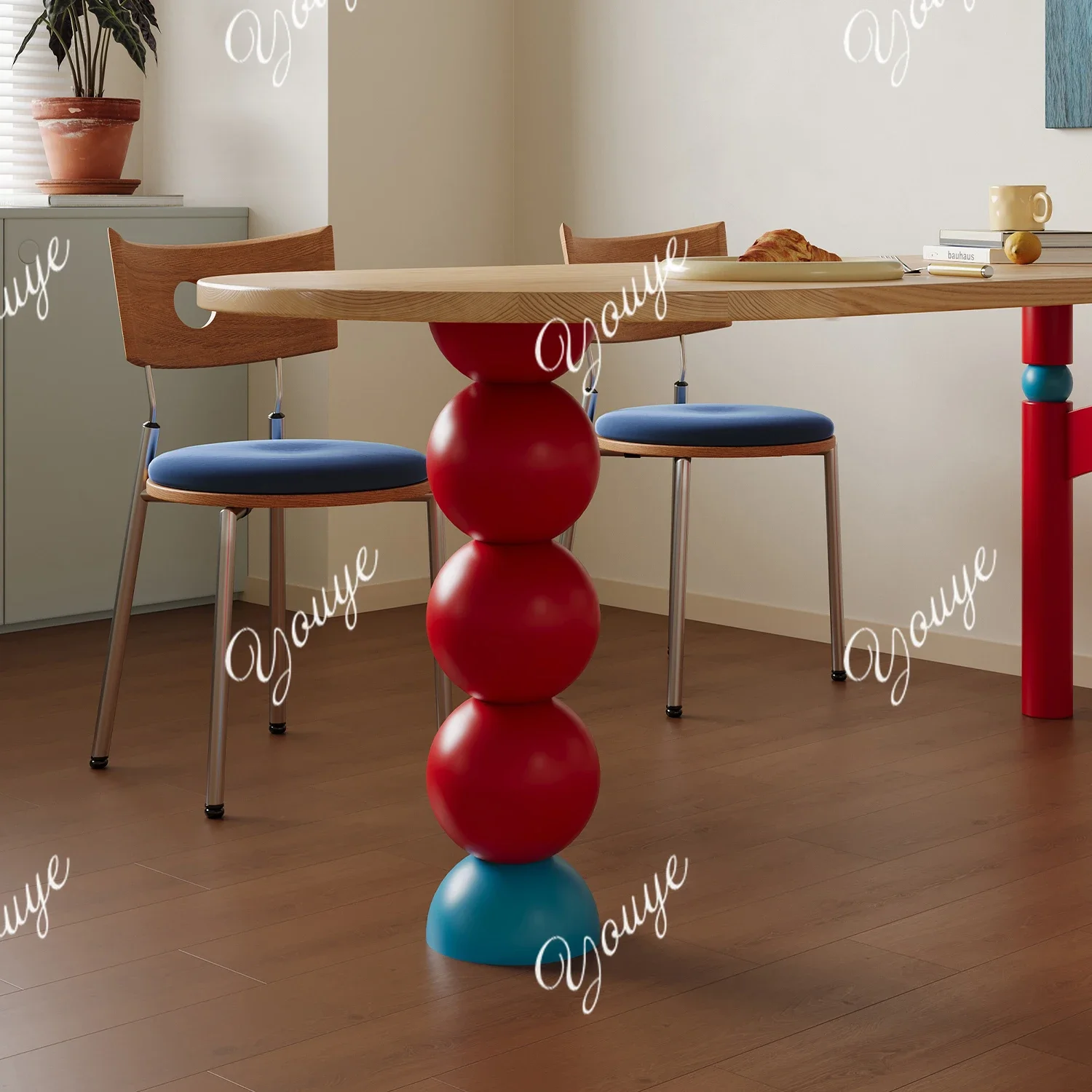 طاولة طعام من الخشب الصلب Q Middle Bauhaus، شقة صغيرة، طاولة طعام محظورة بالألوان، مكتب ملون من الحائط إلى الحائط شبه دائري #4