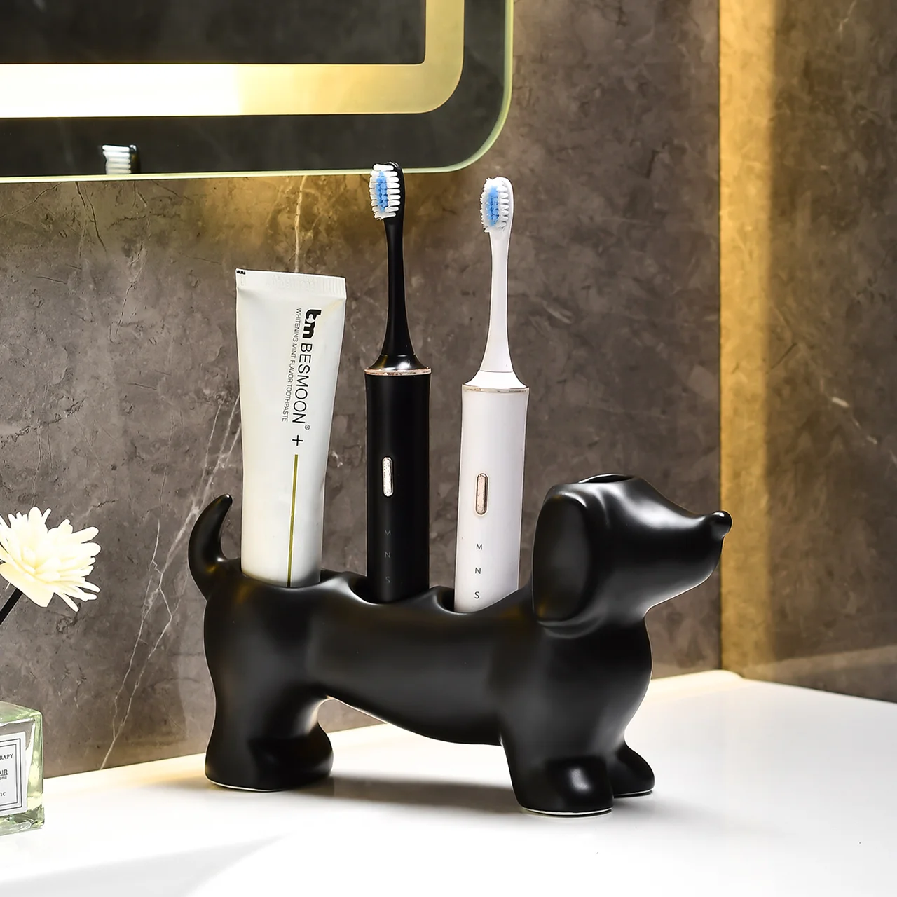 Sausage dog toothbrush holder, cute animal dog shaped storage container, bathroom countertop accessories, bathroom decoration