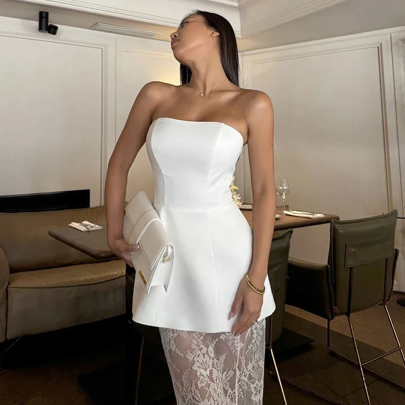 

Strapless Lace Dress Sets Female Elegant Sexy Strap Vest High Waist Splice Long Skirt Ladies Slim Banquet 2 Pieces Set