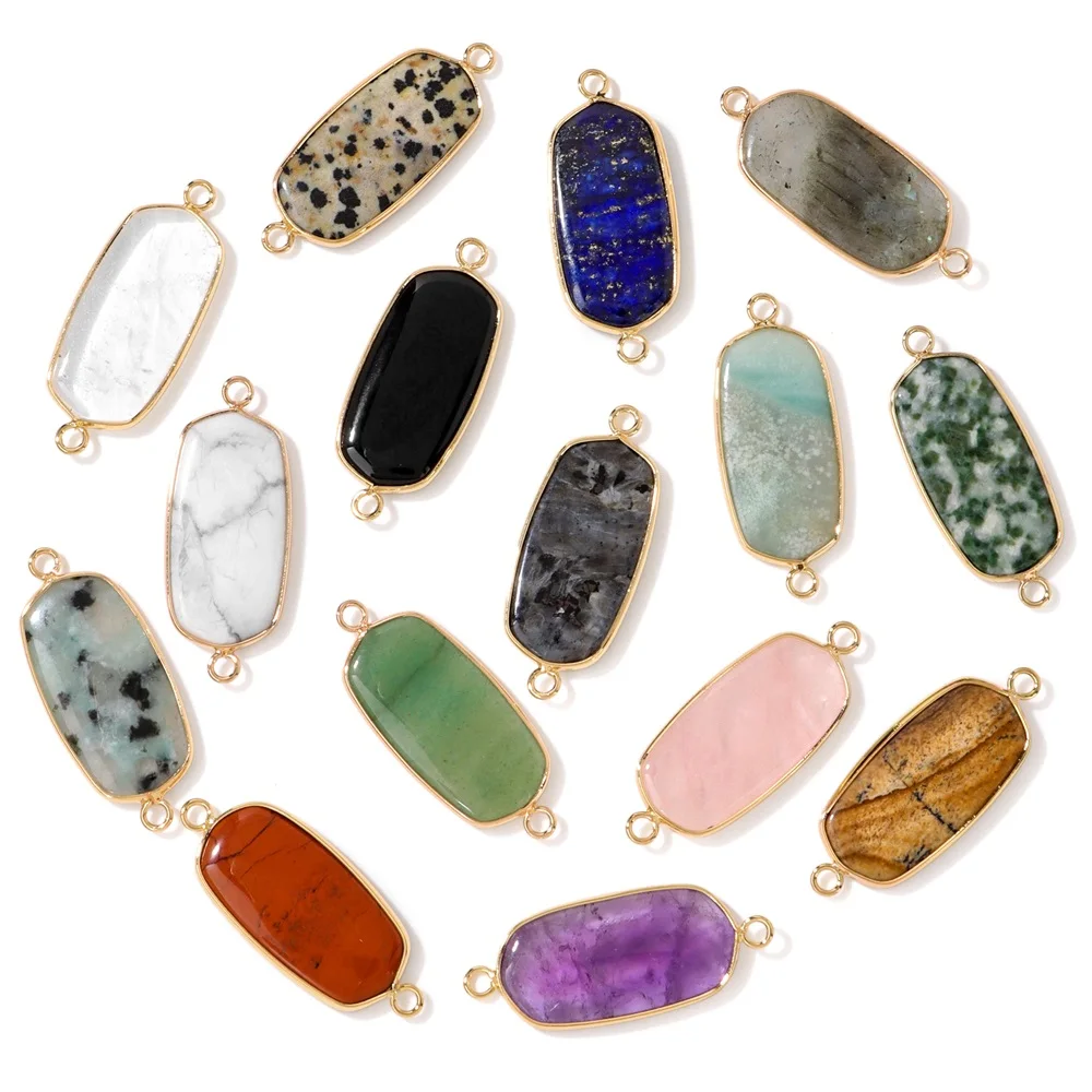 1Pcs 16x30mm Long Oval Natural Stone Double Bail Pendant Gold Plated Bezel Gemstone Connector Charm for DIY Necklace Jewelry