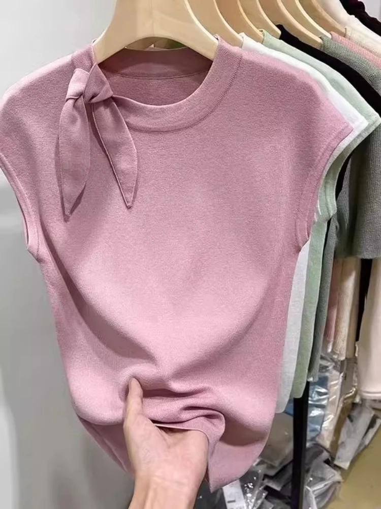 

AOSSVIAO 2025 женский вязаный свитер с короткими рукавами и круглым вырезом, новый летний облегающий универсальный пуловер на шнуровке, модная женская одежда