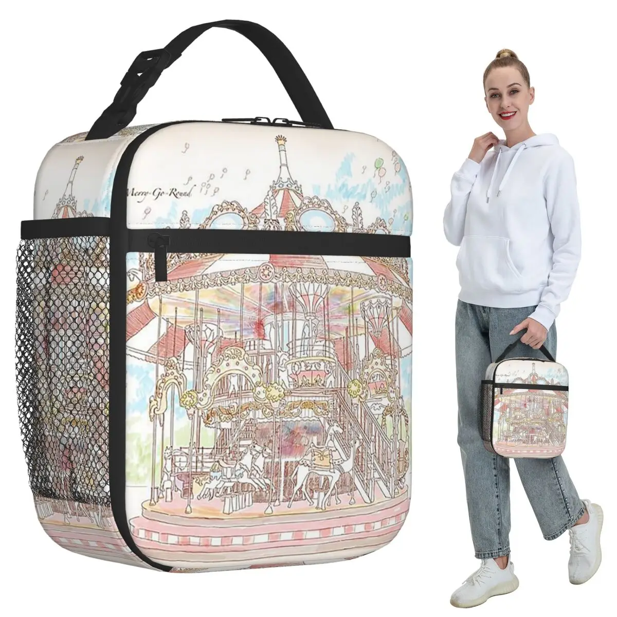 Pastel Circus Carousel Insulated Lunch Bag for Women Office Cooler Thermal Food Box Tote Portable Lunch Boxes Container