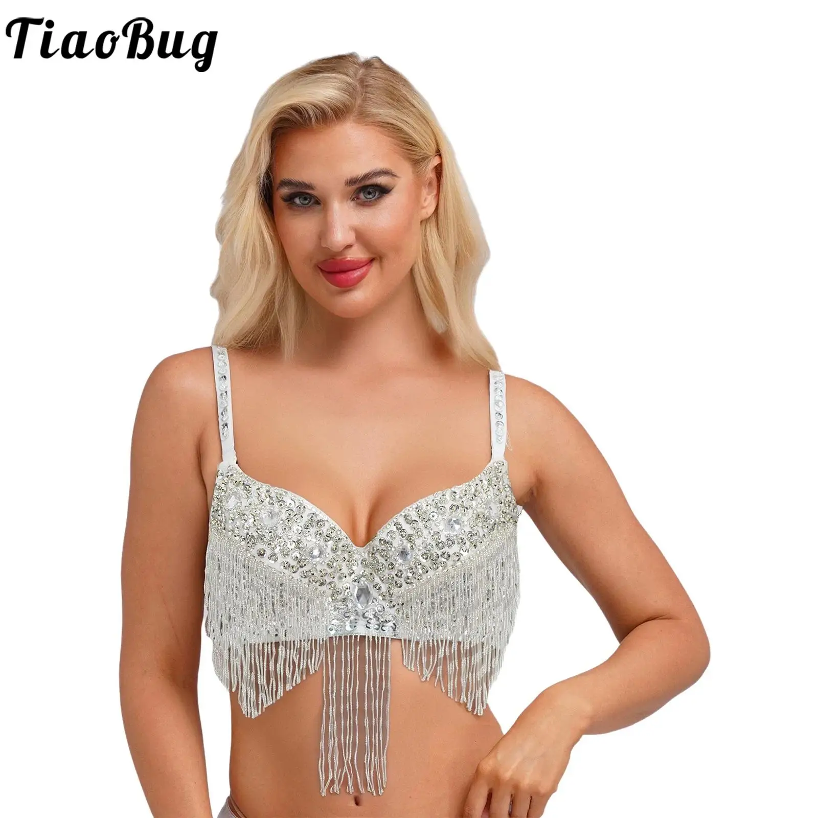 

Sparkling Belly Dance Bra Tops Adult Women Lyrical Sequins Plastic Beads Bra Tops for Salsa Rumba Belly Dance Performing Costume