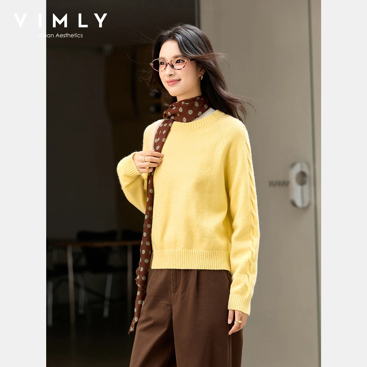VIMLY jaune pulls femme automne 2025 élégant col rond tricot dame pull décontracté col rond à manches longues femme pulls 75129