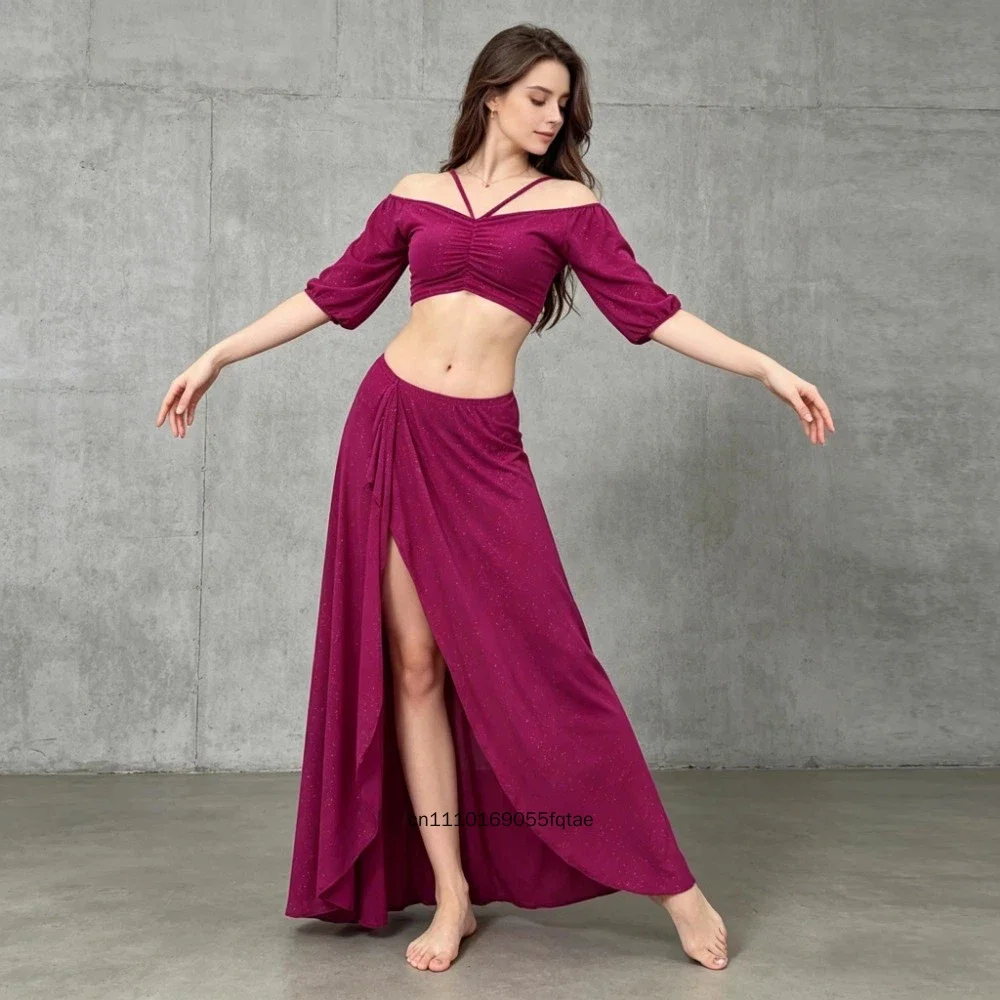 Women Oriental Belly Dance Costume 2 Piece Set Mesh Long Sleeve Top Chiffon Gauze Long Skirt Belly Dancing Training Practice Set