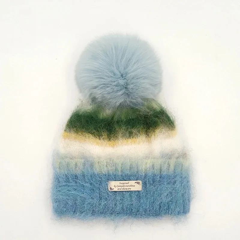 

2025 New mohair wool rainbow knitted hat for women in autumn and winter warm ear protection, real fox fur ball yarn hat