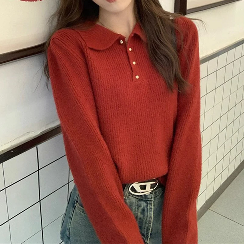 2026 Chic Turn Down Collar Knitted Sweaters Women Button Up Solid Color Sweater Pullovers Woman Korean Long Sleeve Jumpers Mujer
