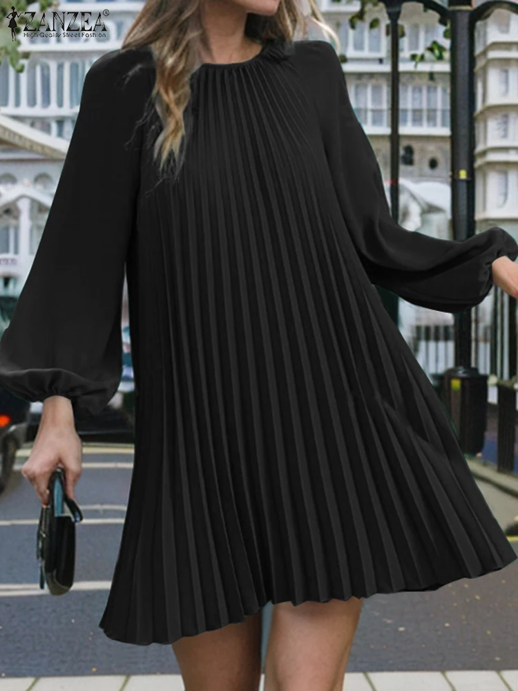 

ZANZEA Fashion Women Pleated Knee-length Dress Autumn Lantern Sleeve Solid Sundress Elegant Casual Party Dresses A-line Vestido