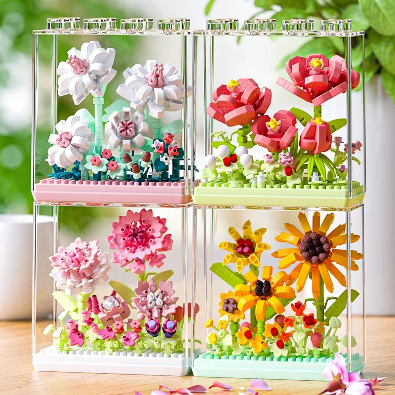 Flower Rainbow Micro Building Blocks Tulip Carnation Hyacinth Peony Earth Assembled Model Mini Brick Figure Toy With Display Box