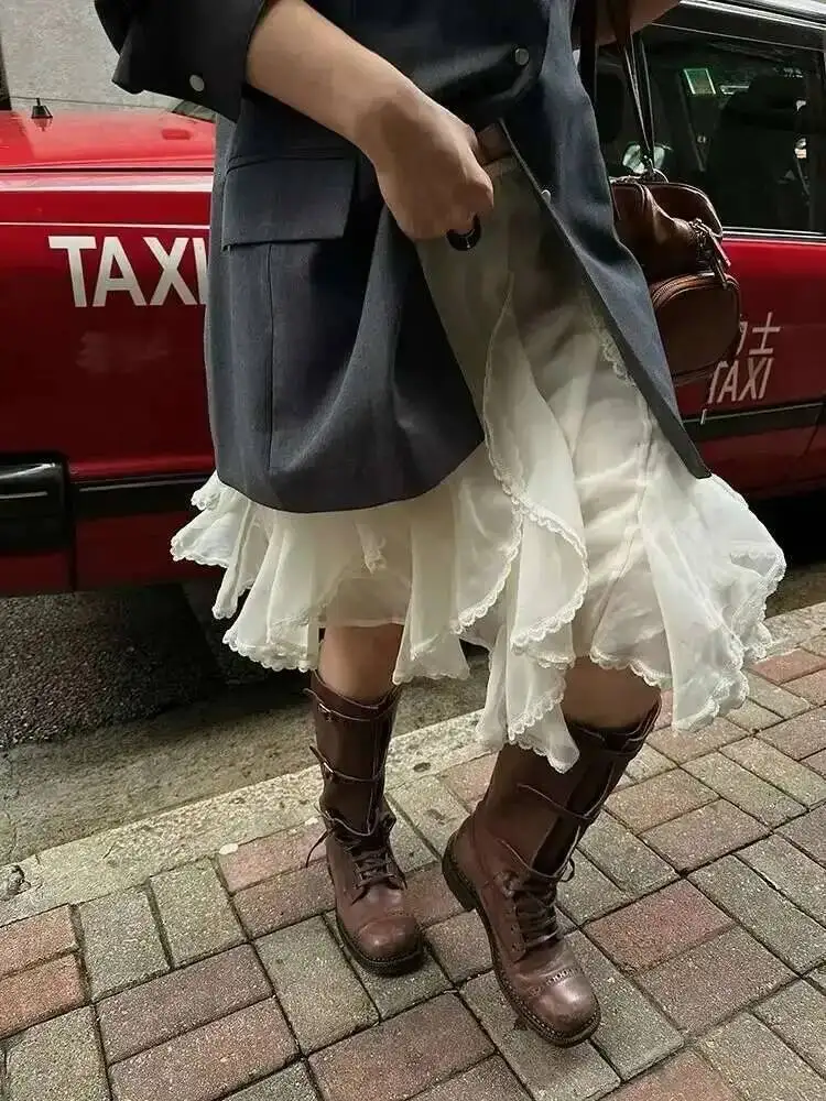 

Кружевная тюлевая юбка, женские милые элегантные юбки с рюшами в корейском стиле, винтажная уличная одежда, нестандартные многослойные юбки, модные женские O4RB