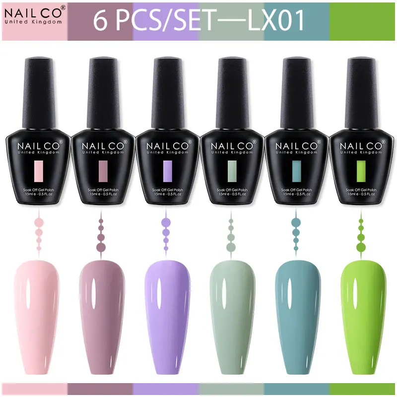 NAILCO 6Color Series Nail Polish Set Green Glitter Semi Permanent Hybrid Gel Varnish Kit Soak Off UV LED Nail Art  Base Top Coat