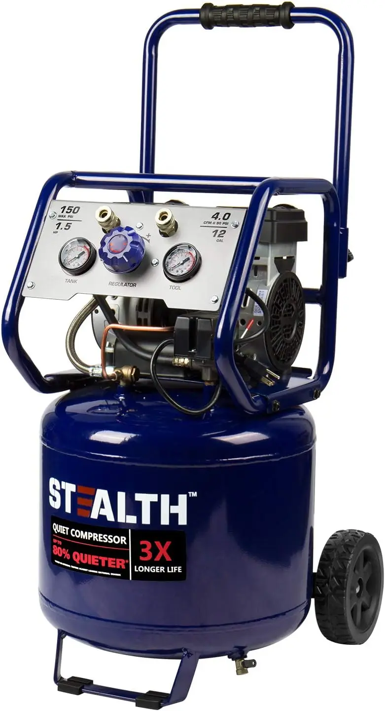 

12 Gallon Ultra Quiet Air Compressor, 1.5 HP Oil-Free Peak 150 PSI 68 Decibel Air Compressor,5 CFM @ 40 PSI 4 CFM