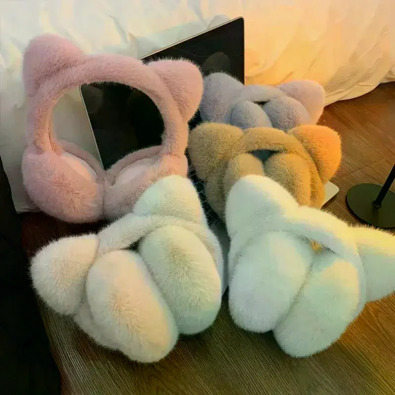 Cute Cat Earmuffs Outdoor Windproof Winter Warm Soft Plush Ear Warmers Retractable Foldable Ear Covers For Women Girls