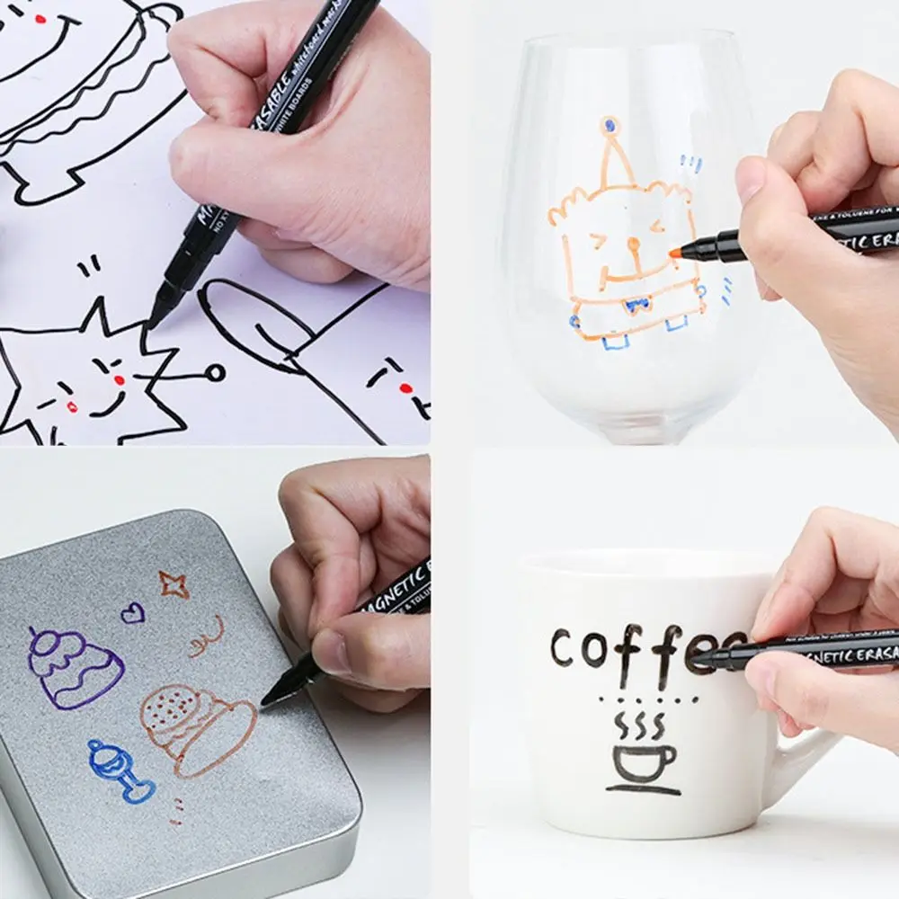 8pcs Drawing Colorful Whiteboard Markers Erasable Multifunction Water Color Pens Sponge Head Portable Magnetic Marker Pens