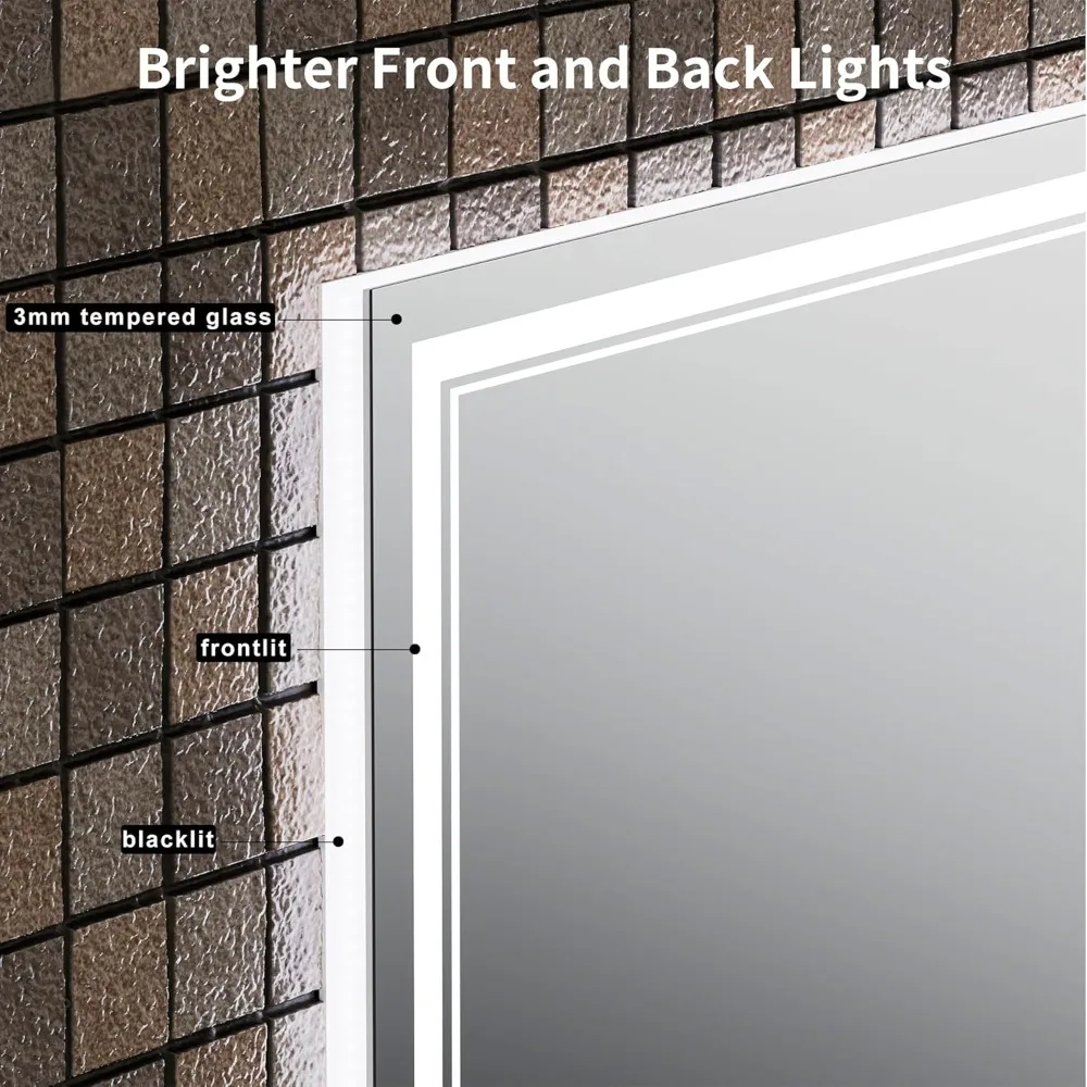 Rechteckiger, LED-beleuchteter Badezimmerspiegel mit rahmenlosem Design und zwei Beleuchtung für Antibeschlag-Funktionalität