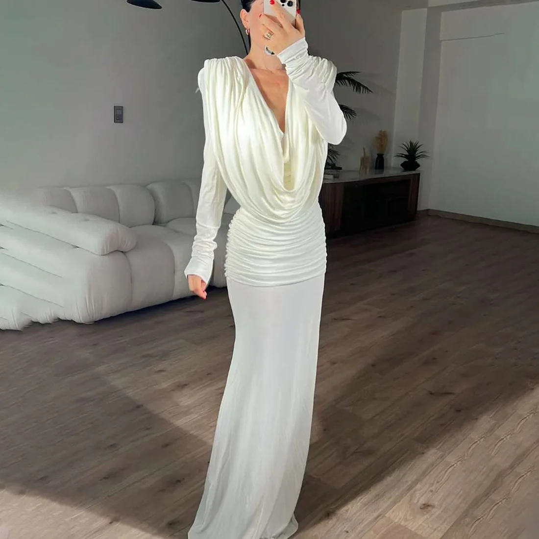 Backless Ruched Bodycon Maxi Dress Women Elegant Sexy Swinging Collar Full Sleeve Slim Evening Gown Birthday Party Long Robe