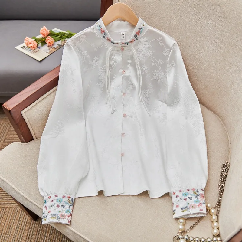 Satin Women\'s Shirts Loose Silk Chinese Style Blouses Spring/Summer Ladies Clothing Fashion Long Sleeves Women Tops