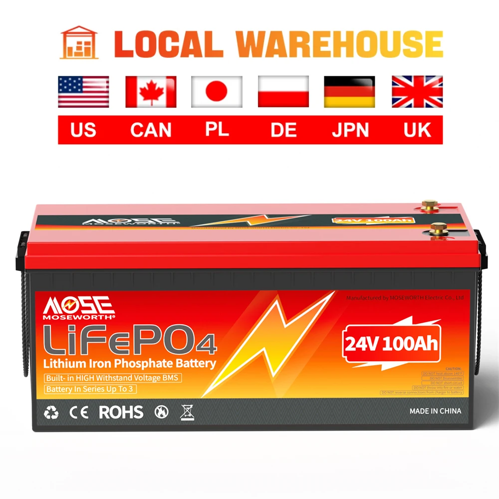 

MOSEWORTH 24V 100Ah Lithium Battery Series or Parallel Lifepo4 Battey Built-in BMS Perfect for RV Marine Trolling Motor Solar