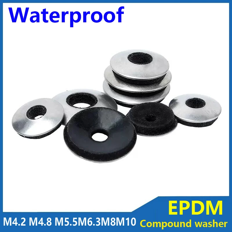 10pcs 304 Stainless Sealing Washers EPDM Rubber Waterproof Dustproof Compound Gaskets M4.2 M4.8 M5.5 M6.3 M8 M10 Non-slip Gasket