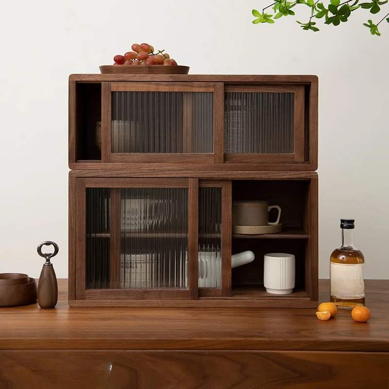 Black walnut storage cabinet stackable cup sundries storage box Japanese tea storage cabinet, simple style