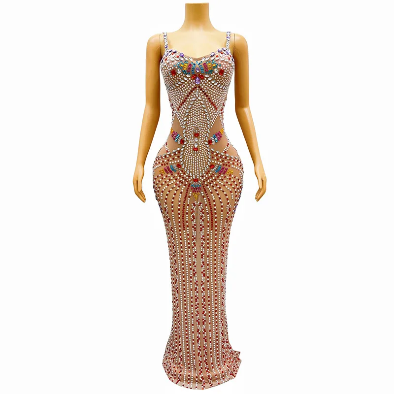 اللون مثير حجر الراين نمط العرقية نمط الحمالة مزاجه حفلة بلا أكمام فستان سهرة طويل فستان رسمي المرأة أنيقة