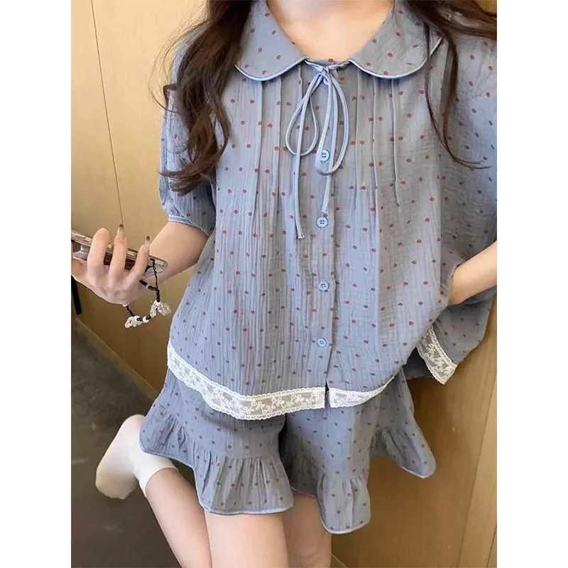 

Summer New Ladies Cute Doll Collar Lace Lace Polka Dot Ins Korean Short-Sleeved Shorts Pajamas Girls 2025 New Summer Clothing