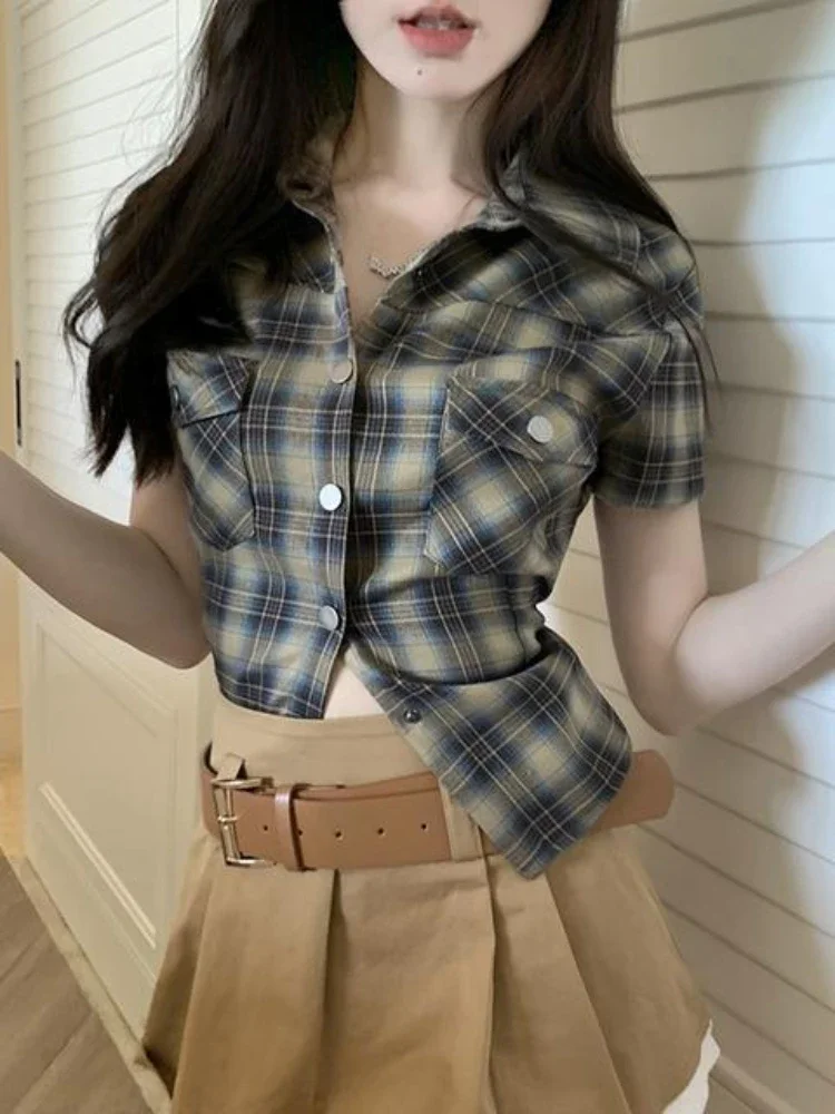 ADAgirl Vintage Plaid Short Sleeve Shirt Women American Retro Button Up Cardigan Blouse Female 90s Summer Sexy Cargo Slim Tops