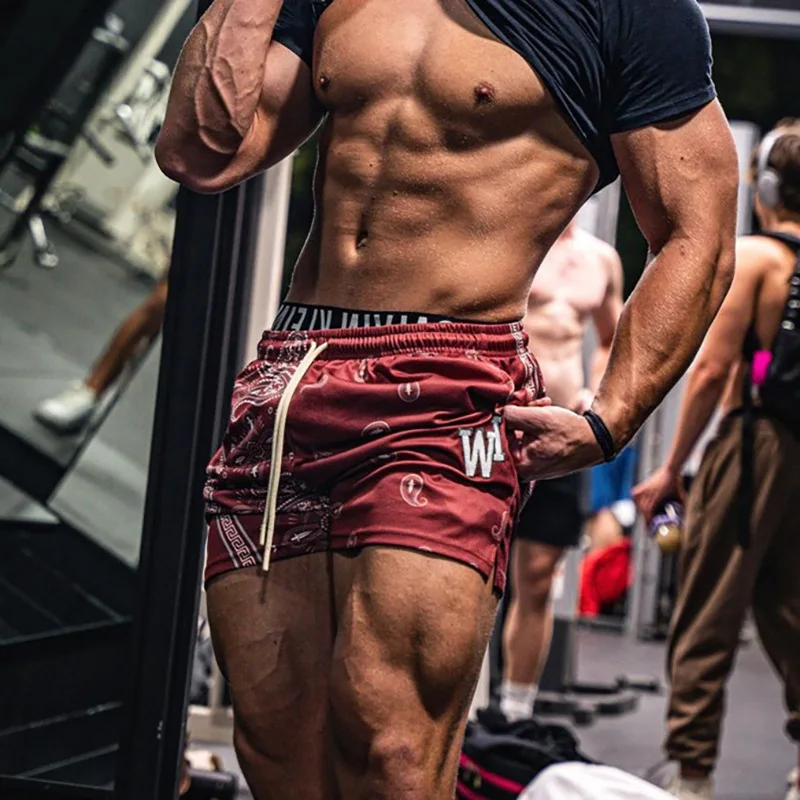 

American Style Men's Athletic Shorts New Cashew Pattern Digital Printing Muscle Workout Running Stretch Casual Shorts