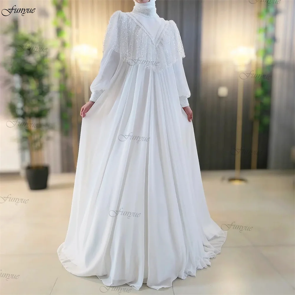 Robe De Mariée France Hijab Wedding Dress 2024 Glitter Sequin A-Line Chiffon Long Sleeve Bridal Gowns for Bride Vestido De Noiva