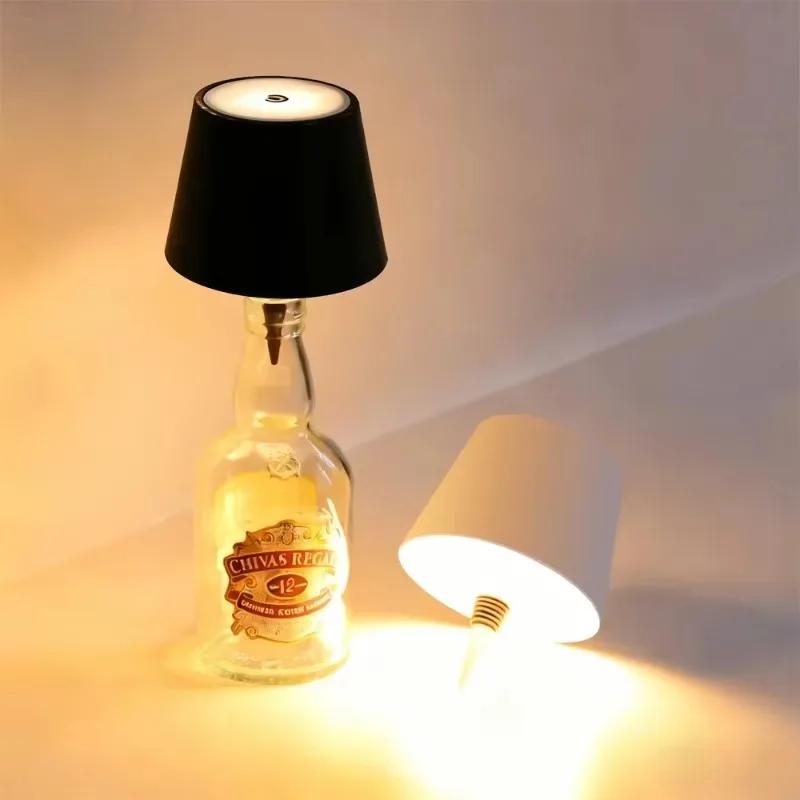 Type-C Touch Control Wireless Wine Bottle LED Lamp, 3-Color Stepless Dimming Desk Light for Bar Cafe Home Atmosphere Decor