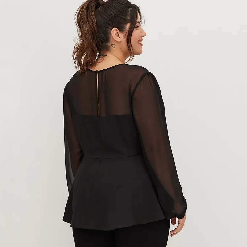 Blusa Peplum de manga chiffon longa para mulheres, blusa preta de escritório, plus size, tamanho grande, 5XL, 6XL, moda elegante, trabalho, verão, primavera