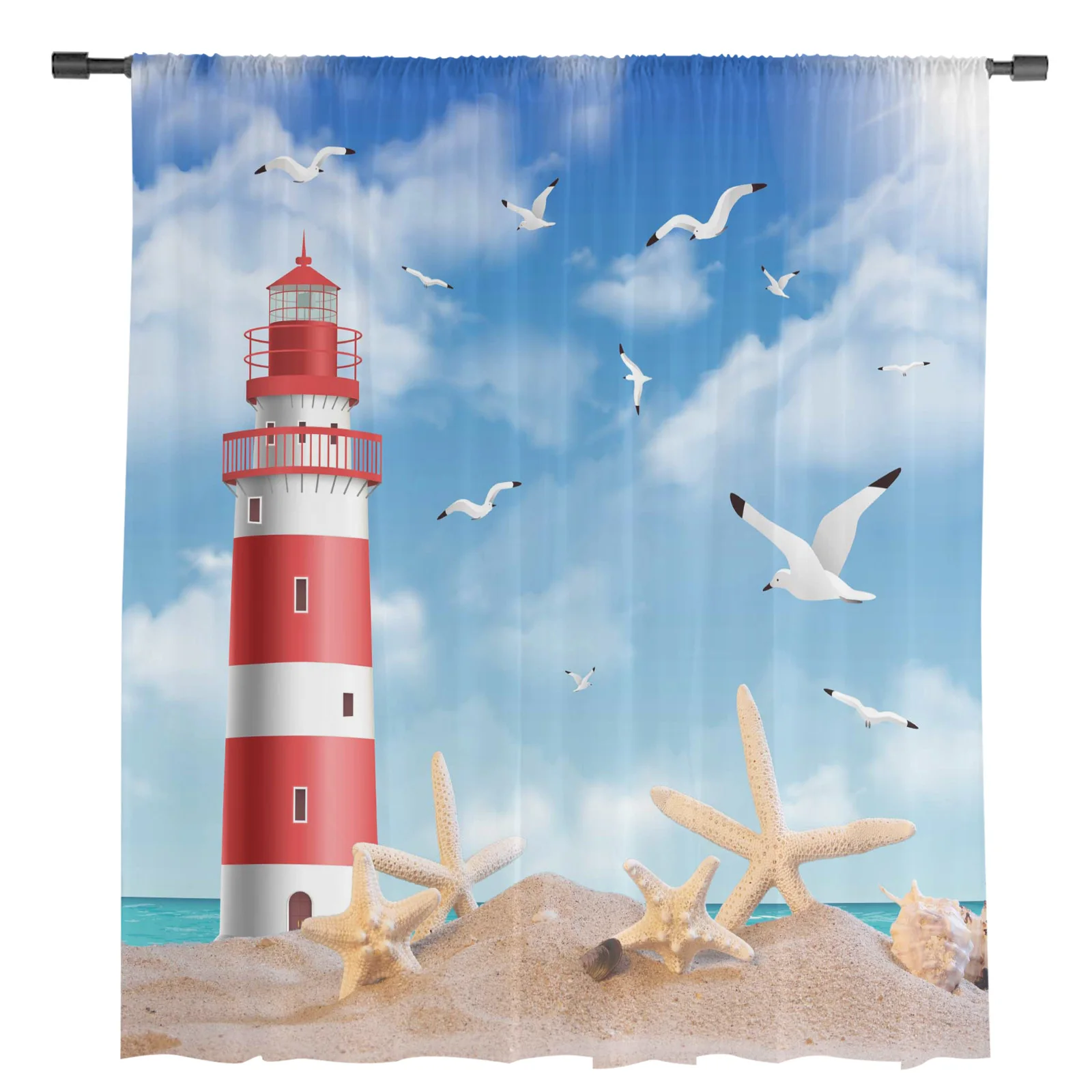 Sea Beach Lighthouse Starfish Seagull Sheer Curtains for Living Room Decoration Window Curtains Kitchen Tulle Voile Curtains