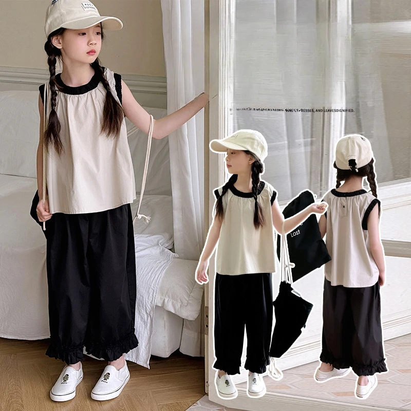 

Girls Suits Summer Leisure Set 2024 New Chinese Children Foreign Style Korean Sleeveless Top Girls Fashion Wide Leg Pants