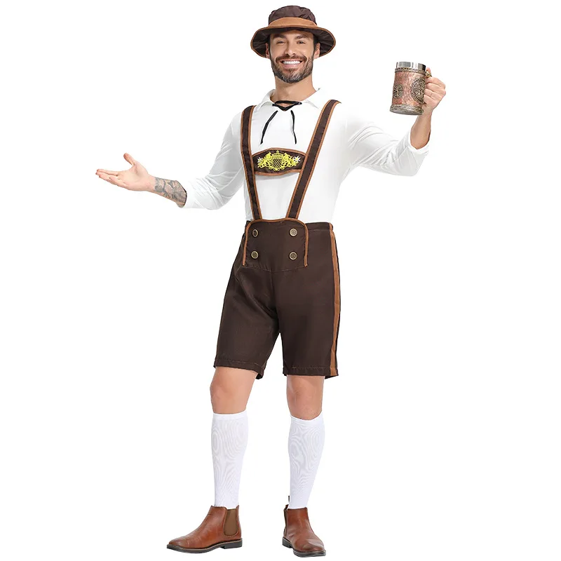 

Three-piece Men's Munich Oktoberfest Bib Costume Bavaria German Beer Festival Suspenders Shirt Hat Men's Fancy Role Play Costume