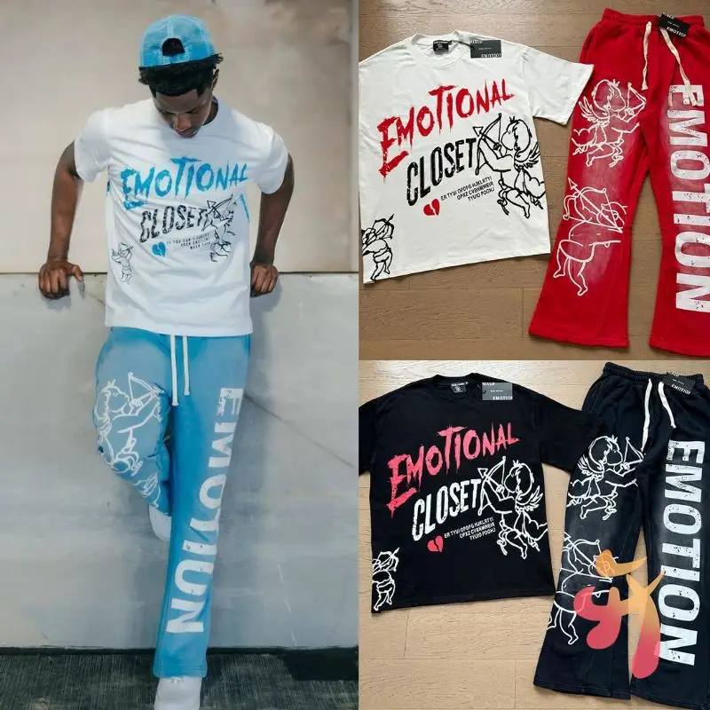 

В наличии Американская уличная одежда в стиле хип-хоп СМЕШАННАЯ ЭМОЦИЯ Футболка Брюки Высокое качество Хлопок Граффити Ангел Принт Мужчины Женщины Топы с короткими рукавами