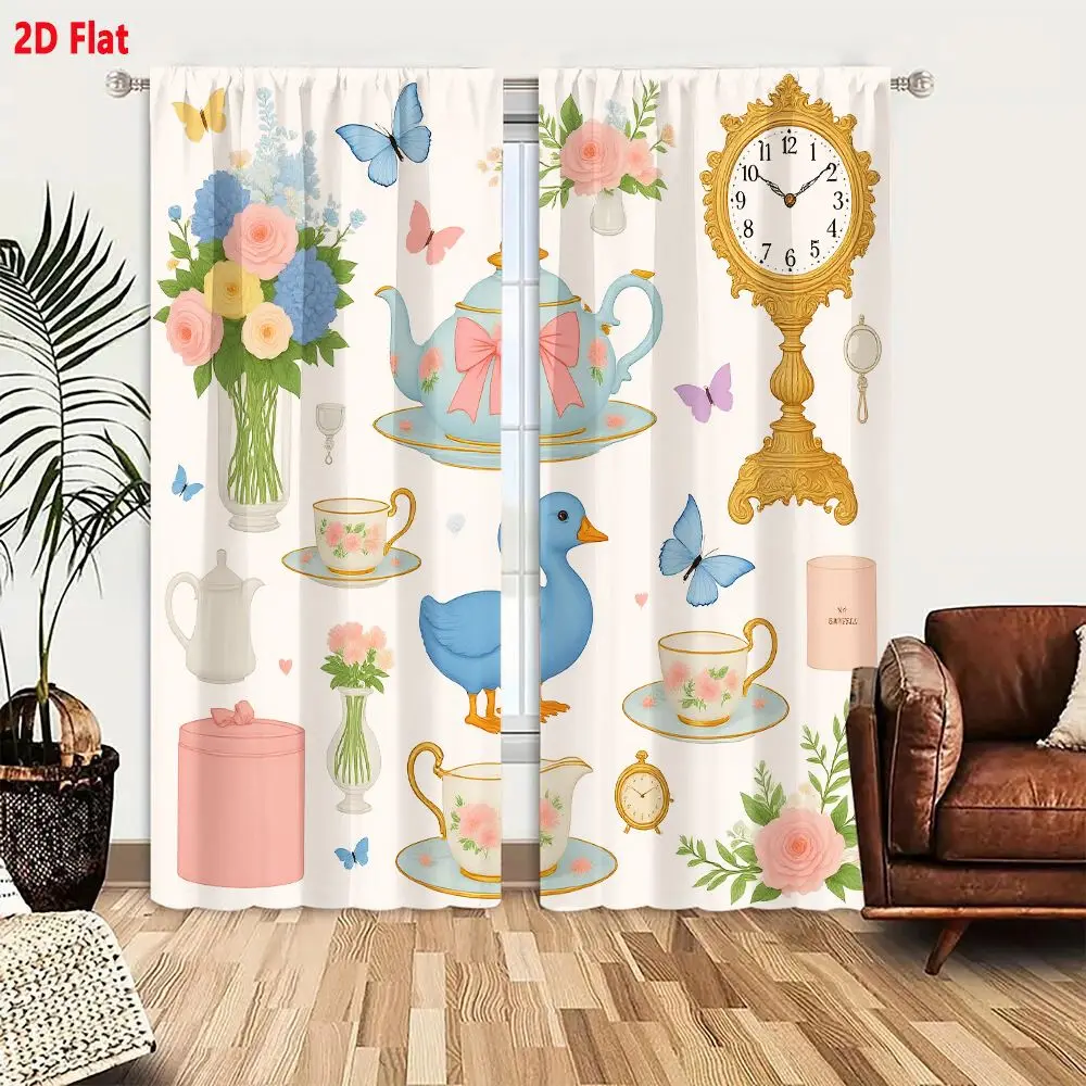 2Pcs Curtains 2D Flat Pastel Whimsical Cute Delicate Illustrations Floral Tea Animals Clock Decorative Arrangements Window Drape