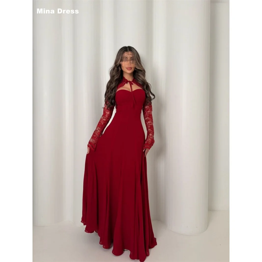 

Mina Customized Red Luxury Party Dress Lace Up Long Sleeves Luxurious Evening Dresses for Special Occasions Elegant Prom Women's