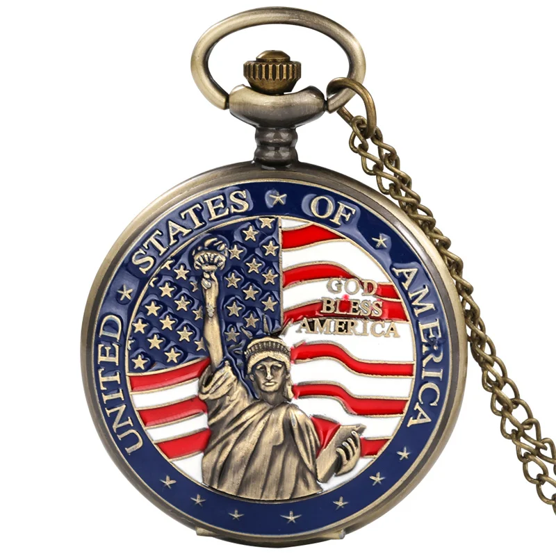 Retro Bronze United States Liberty God Bless America Men Women Analog Quartz Pocket Watch Necklace Chain Pendant Souvenir