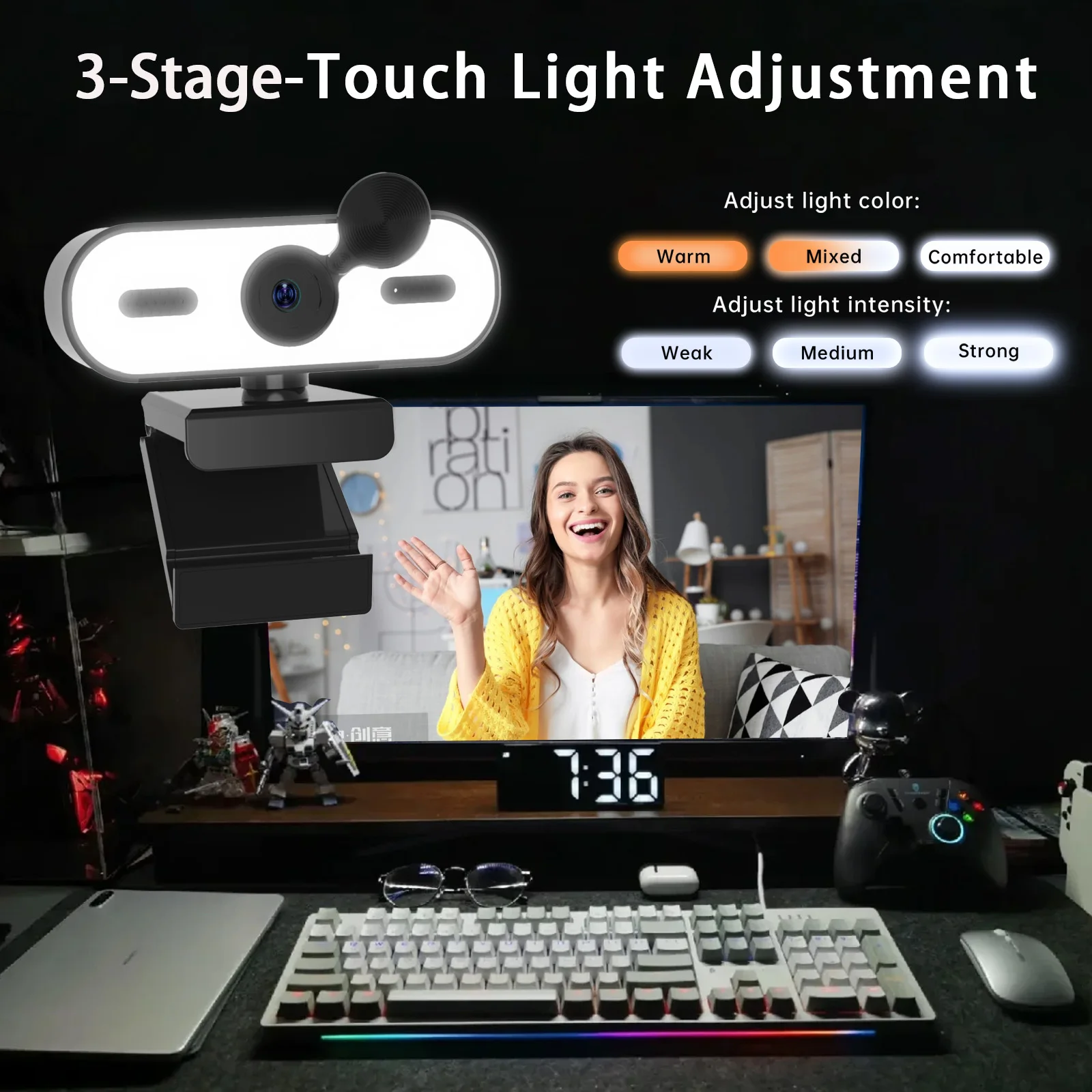 كاميرا ويب 4K UHD مع ضبط تلقائي للصورة، ضوء حلقي ثلاثي المستويات، غطاء للخصوصية، 360 درجة °   الدوران، حامل ثلاثي القوائم، التوصيل والتشغيل للبث ومكالمات الفيديو #3